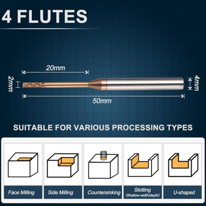 Carbide End Mill 2mm Dia 20mm Cut L 50mm L 4mm Shank 4 Flute - size: 2mm Dia - 20mm CL - 50mm L - 4mm Shank