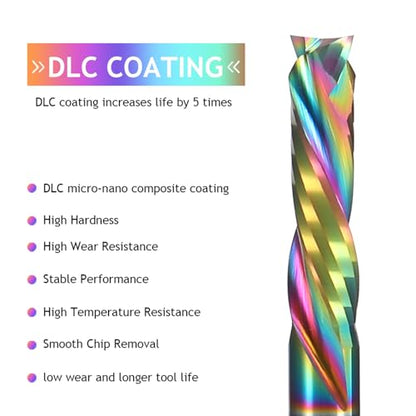 Up Down Compression Spiral Router Bit - 1/4 inch Shank 2-Flute CNC End Mill with DLC Coating, 1" Cutting Length Solid Carbide Compression CNC Bits Milling Cutter for Wood Engraving Grooving (5PCS)