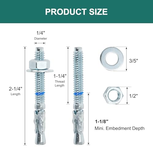1/4" x 2-1/4" Concrete Anchors (50 Pack) 1/4 inch Wedge Anchors Bolts Zinc Plated - size: 1/4"x2-1/4"