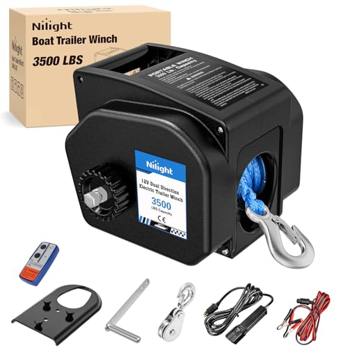 Nilight Boat Trailer Winch 3500 lbs Portable Electric Boat Winches 12 V DC Marine Winch with Synthetic Rope Remote Control Hand Crank Power-In Freewheel Waterproof Winch for Boat Trailer Towing, Black - color: Black, size: Synthetic Rope