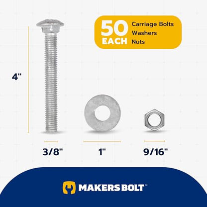 3/8" x 4" (50 Pack) Galvanized Carriage Bolt Kit, Grade 307A, Hot Dip Galvanized for Exterior Use by Makers Bolt - size: 3/8 x 4