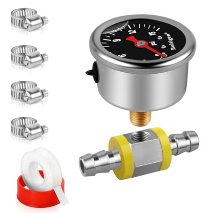 Boltigen Fuel Pressure Gauge, 1/8'' NPT Inline Fuel Pressure Guage Kit with 3/8'' Barb, Stainless Steel, 0-15Psi Glycerin Filled, Center Back Mount (Black) - color: Black