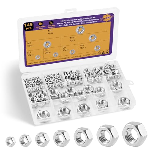 145Pcs Metric 7 Sizes Hex Nut Assortment 304 Stainless Steel - size: 145Pcs M3-M12 Silver