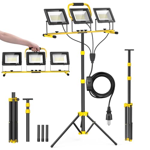 LED Work Light with Stand, 21000 Lumens Super Bright, 3-Head Adjustable Construction Light, IP66 Waterproof Foldable Tripod Work Light with 16.5FT Power Cord for Garage, Workshop, Construction Site