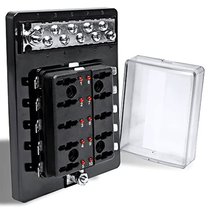 True Mods 10 Way Blade Fuse Block with Ground Negative Bus bar for Automotive [ATC/ATO Blade Fuses] [100 Amp] [LED] [Protection Cover] [12V - 30V DC] Auto Marine Ground Terminal Fuse Box - size: Fuse Box with Busbar (Pack of 1)