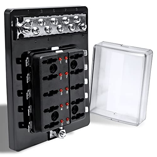 True Mods 10 Way Blade Fuse Block with Ground Negative Bus bar for Automotive [ATC/ATO Blade Fuses] [100 Amp] [LED] [Protection Cover] [12V - 30V DC] Auto Marine Ground Terminal Fuse Box - size: Fuse Box with Busbar (Pack of 1)