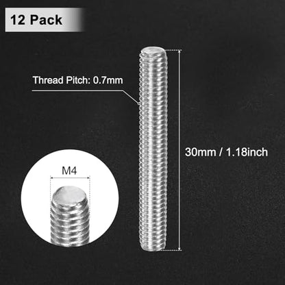 M METERXITY 12-Pack Fully Threaded Rod, M4x30mm 304 Stainless Steel Right Hand Thread Bar Studs for Furniture Anchor Bolts/Clamps/U-Bolts, Metric Threaded Screw - size: M4x30mm