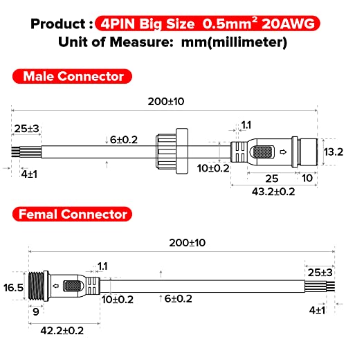 BTF-LIGHTING 4 Pin Electrical Connector 20AWG IP65 Male Female Connector 7.87in/20cm Extension Cable for Car,Truck,Boat,Indoor/Outdoor LED Strip Lights/String 22mm Nut Big Size 5 Pairs - size: 4 PIN Big Size