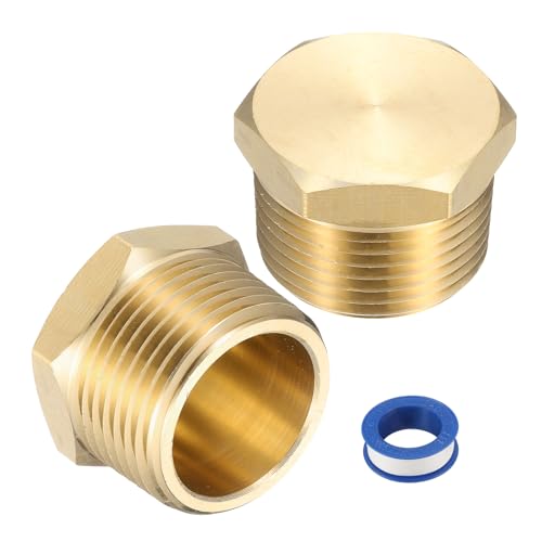 uxcell 2Pcs Brass Hex Head Plug Compression Cap Fitting Stop Valve Cap, 3/4" NPT Hex Thread Pipe Fitting Flare Cap Tubing Ends Sealing Cap with PTFE Tape for Air Conditioner, Water, Gold - size: 0.75 Inch