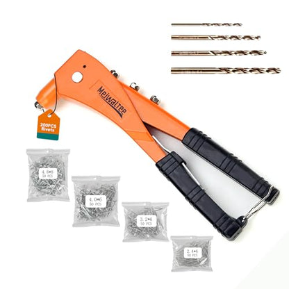 Rivet Gun with 200PCS Rivets and 4 Drill Bits, Professional Aluminum Alloy Riveter, Heavy Duty Pop Manual Riveting Tool with 4 Interchangeable Heads for Metal, Wood and Plastic - size: Aluminum Alloy Riveter With 200PCS Rivets