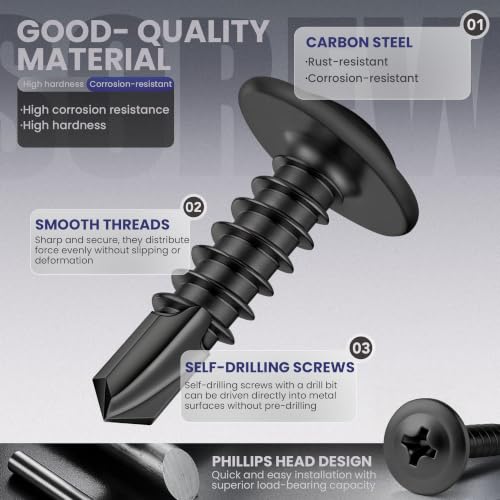 200 PCS #8 x 1-1/4" Sheet Metal Screws, Phillips Modified Truss Head Self Drilling Screws, Black Zinc-Plated, Self Tapping Screws for Metal, Wood, Plastic, Double-Ended Bit Included - color: Black, size: #8 x 1-1/4"