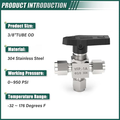1PCS 304 Stainless Steel 3 Way Compression Tube Valve,3/8" Tube OD Adapter, for water/oil/air systems - size: 3/8" OD (3 Way Valve)