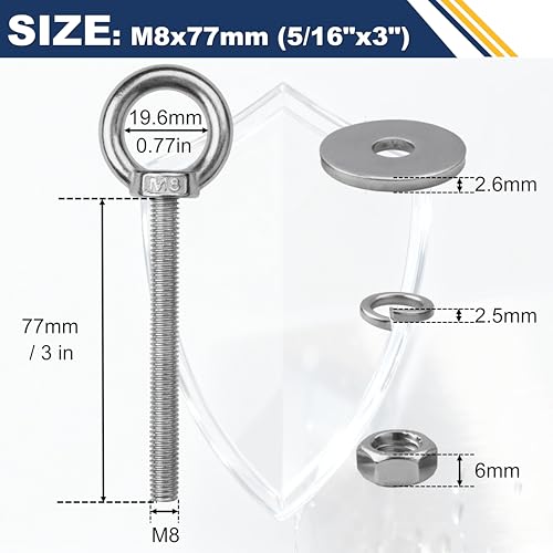 4 Pack M8 Stainless Steel Eye Bolts with Nuts,5/16" x 3" Eye Bolts - size: M8x77mm (5/16"x3")