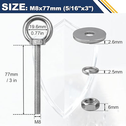 4 Pack M8 Stainless Steel Eye Bolts with Nuts,5/16" x 3" Eye Bolts - size: M8x77mm (5/16"x3")