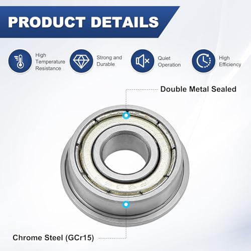 M METERXITY 4-Pack F696ZZ Flanged Ball Bearing, 6 x 15 x 5mm Double Metal Shielded Chrome Steel (GCr15) Flange Rip Bearings for Wheelbarrow/Printer/Fax Machines/Power Tools - size: 6mm x 15mm x 5mm