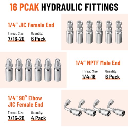 33FT 1/4" Hydraulic Hose with 16PCS Hydraulic Hose Fittings - size: 1/4" Hydraulic Hose - 33FT