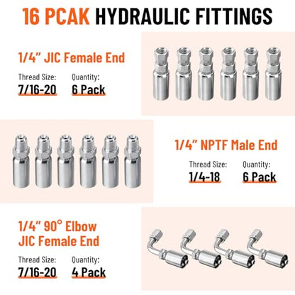 33FT 1/4" Hydraulic Hose with 16PCS Hydraulic Hose Fittings - size: 1/4" Hydraulic Hose - 33FT