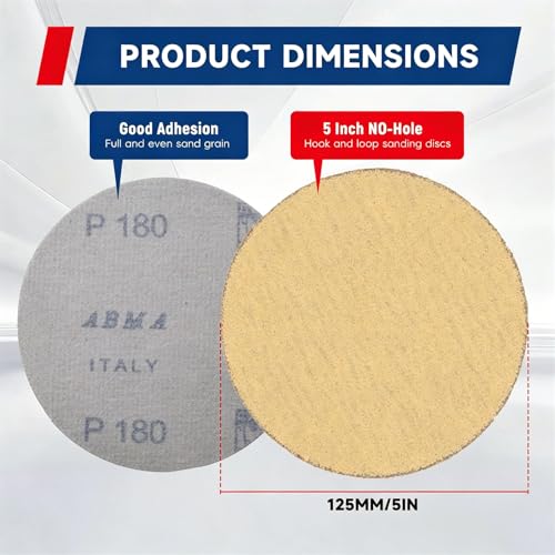 waltyotur 100Pcs Hook and Loop Sanding Discs 5 Inch NO-Hole 180-Grit Sandpaper Sanding Discs Hook and Loop Backing Aluminum Oxide Round Sandpaper for Polishing Accessories - size: 180-Grit, style: 5 Inch