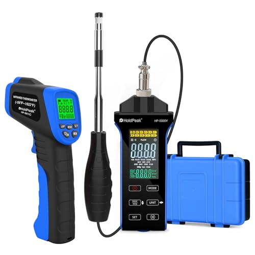 Hot Wire Anemometer and Infrared Thermometer Combo with Tool Case, CFM Anemometer for HVAC Air Flow CMM, Wind Speed Temperature Measurement, and -58 to 1022℉ Non-Contact Thermometer for Industrial Use