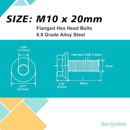 M10 x 20mm 10pcs Flanged Hex Head Bolts, M10 x 1.5 Bolts, Flange Hexagon Head Screws, 8.8 Grade Alloy Steel, Yellow Zinc Plated, Metric Fully Thread - size: M10 x 20mm(10PCS)