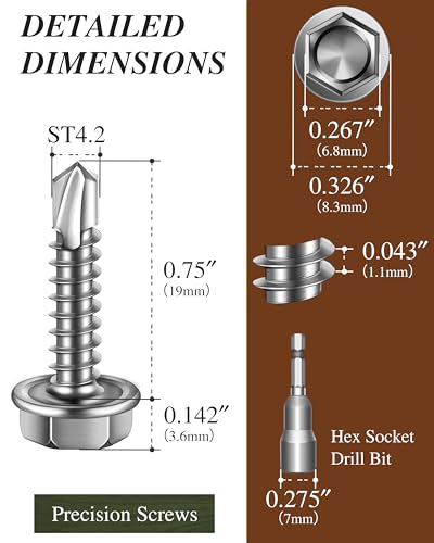 100PCS #8 x 3/4" Self Drilling Screws, Self Tapping Screws for Metal, 410 Stainless Steel Hex Washer Head Sheet Metal Screw, Bright Finish with 7mm Hex Socket - color: Silver, size: #8 x 3/4"