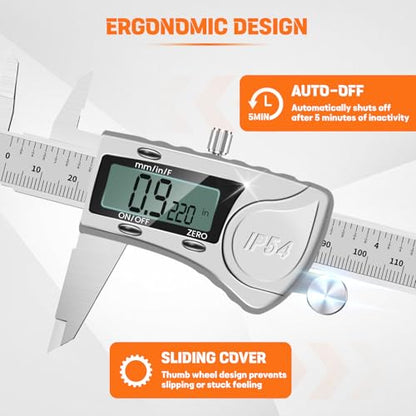 HARDELL Digital Caliper 12 Inch, All Metal Digital Caliper Measuring Tool with 3-Batteries & Extra Cover, IP54 Waterproof Heavy-Duty Vernier Caliper, Inch/MM/Fraction, Auto-Off for DIY/3D-Printing - size: 12 Inch