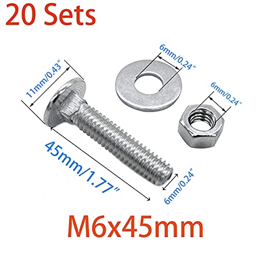 20 Sets Long Square-Neck Carriage Bolts Set,Carriage Bolts Set w/Nuts & Flat Washers,Zinc-Plated,Carbon Steel Grade 4.8,Plain Finish,Fully Threaded(M6-1.0X45mm) - size: M6-1.0X45mm（20 Sets）