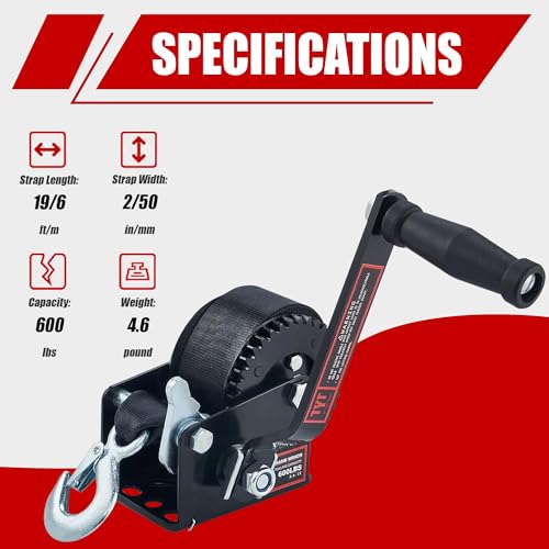 TYT 600LB Boat Trailer Winch with Black Polyester Strap, Anti-Slip Handle Crank Gear Hand Winch, Portable Two-Way Ratchet Forward & Backward Manual Rope Winch for ATV UTV Jet Ski Trailer Small Winch - style: 600lb with Black Strap