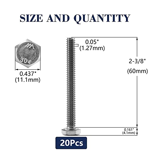1/4-20 x 2-3/8" Hex Head Screw Bolt, 20Pcs 18-8 (304) Stainless Steel, Fully Threaded, Plain Finish, by SG TZH - size: 1/4-20 x 2-3/8"