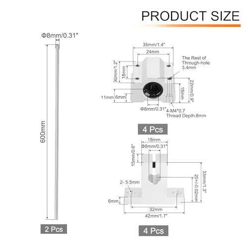 uxcell 2 Pcs 8mm x 600mm Linear Motion Rail Shaft Slide Guide with 4 Pcs SCS8UU Bearings and 4 Pcs SK8 Rail Support Linear Motion Rod Shaft Guide Set for CNC Machine 3D Printer, Silver - size: 600mm