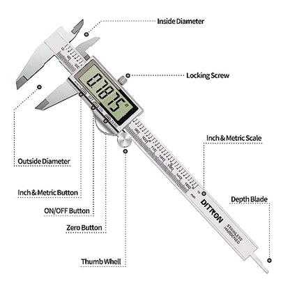 Digital Caliper, Vernier Calipers Measuring Tool, Stainless Steel Electronic Digital Calipers with Large LCD Screen, 6 inch/ 150mm, Auto - Off, Inch/mm Conversion