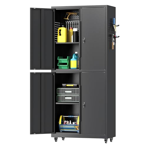 71" H Metal Tool Storage Cabinet with Lock and Wheels, Heavy Duty Garage Cabinet with 4 Doors and 2 Adjustable Shelves, Tool Organizer with Pegboard for Garage, Warehouse(Black, 71" H) - color: Black, size: 71"H(4-Door)