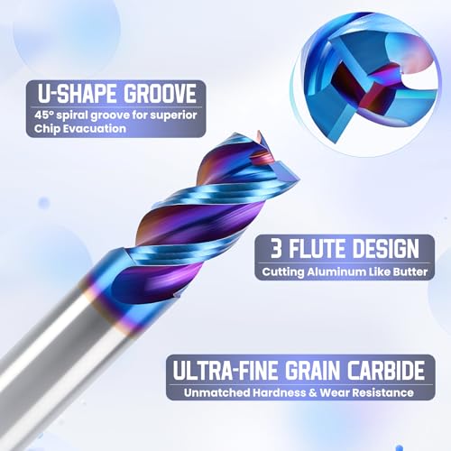 HQMaster Carbide Square End Mill with Nano Blue Coating, 1/2“ Shank 3 Flute End Mill, HRC 60 CNC Milling Bits Set for Aluminum, Copper, Magnesium Alloys & Composite Materials, 2-Pack - size: 1/2" x 1/2" x 1" x 3"