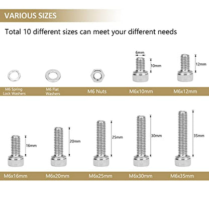122 Pieces M6 x 10/12 /16/20 /25/30 /35mm Hex Socket Head Cap Screws Nuts Washers Assortment Kit, 304 Stainless Steel, Fully Machine Thread - size: M6, style: Socket Head