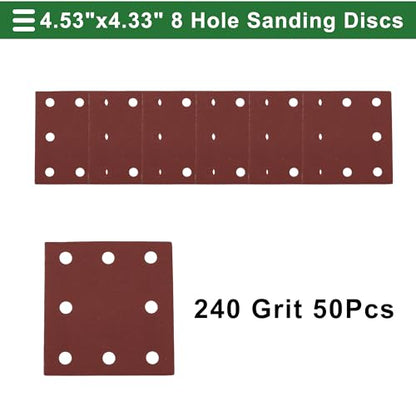50 Pcs Rectangle Sandpaper 8 Hole 240 Grit Hook and Loop Sanding Sheets Universal for Automotive Refinishing Woodworking 115x110mm Aluminum Oxide Red - size: 240 Grit