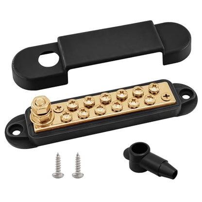 Ampper 1/4" Stud Brass Power Distribution Block BusBar 12 x #8 Screw, Black - color: Black, size: Brass