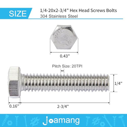 1/4-20 x 2-3/4" Hex Head Screws Hexagon Bolts, External Hex Drive, Stainless Steel 304, UNC Coarse Thread, Fully Threaded, Pack of 10 - size: 1/4-20 x 2-3/4"(10 PCS)