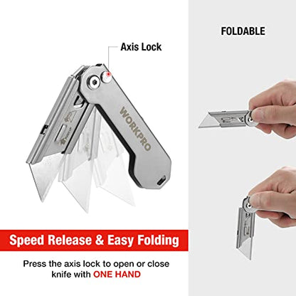 WORKPRO EDC Folding Utility Knife, Mini Box Cutter with Quick Open Axis Lock, Quick Change Blade Razor Knife, Foldable Small Pocket Knife with Belt Clip - color: Silver
