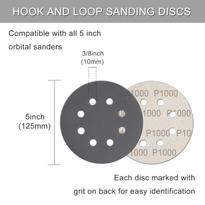 100Pcs 5 Inch Sanding Discs Hook & Loop 8-Hole Wet Dry Sandpaper 1000 Grit - style: 100Pcs 1000 Grit