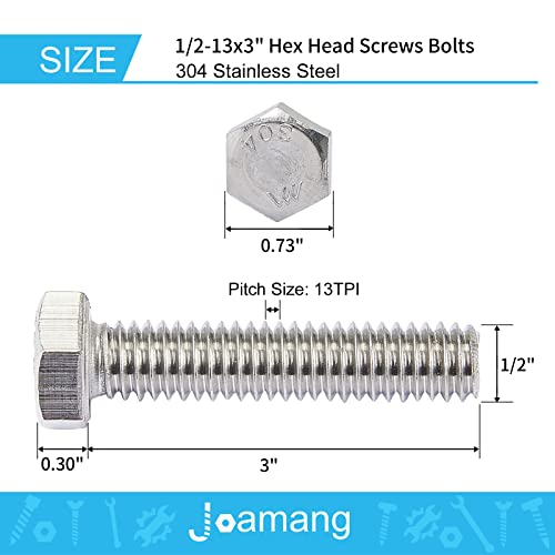 1/2-13 x 3 Hex Head Bolts, Stainless Steel 304, Hexagon Head Screws, UNC Coarse Thread, Bright Finish, Fully Threaded, Quantity 4 - size: 1/2-13 x 3"(4 PCS)