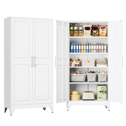 SISESOL 75" Tall Storage Cabinet with 2 Door and 5 Shelves, Wide & Deep Kitchen Pantry Cabinet, White Metal Cabinets,Large Cupboard for Home,Kitchen,Laundry - color: White, size: 75.6"H