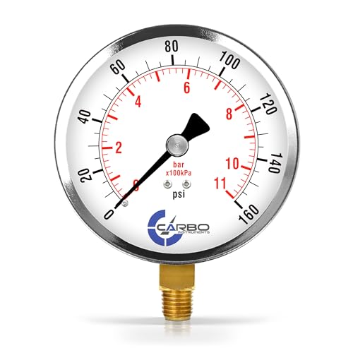 Carbo 160 PSI Dry Pressure Gauge with NIST Traceable Certificate, Calibrated in USA Lab, 4" Dial, 1/4 NPT Lower Mount, ASME Grade A, Steel Case, Brass Wetted Parts, PSI/Bar - size: 0-160 PSI, style: NIST TRACEABLE