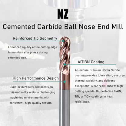 NZ 1/8" 4-Flute Ball Nose End Mill TiSiN Coated Carbide CNC Router Bits for Machining Stainless Steel, Alloy Steel and Titanium Alloy, 5-Pack - size: 1/8 inch