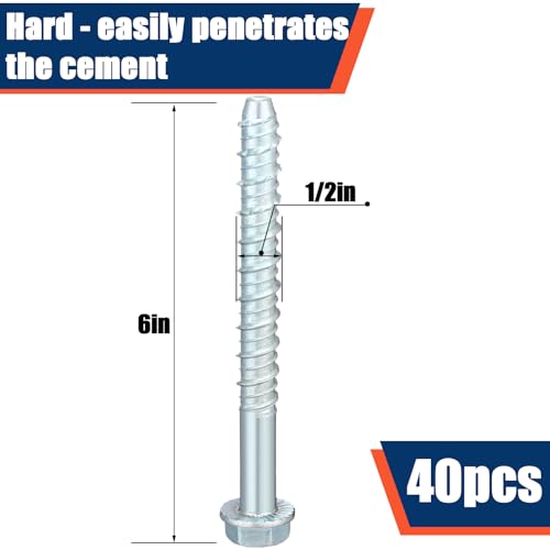 Tandefio 40 Pack 1/2" x 6" Concrete Screw Anchor Galvanized Large Diameter Heavy Duty Plated Concrete Anchors for Masonry Brick Anchoring Block Decking Framing Hex Drive - size: 1/2" X 6"