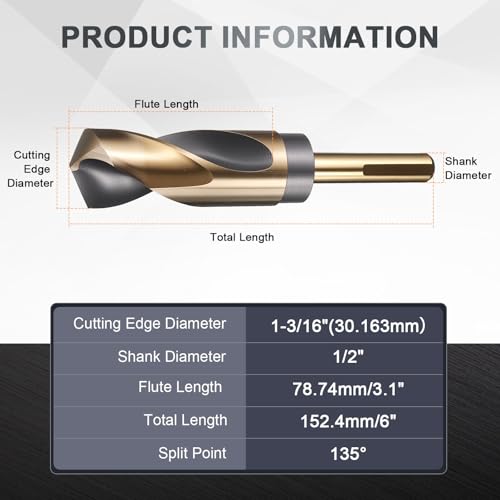 uxcell 1-3/16" Drill Bit 1/2" Reduced Shank 3-Flat M35 5% Cobalt HSS - size: 1-3/16" with 1/2" Shank