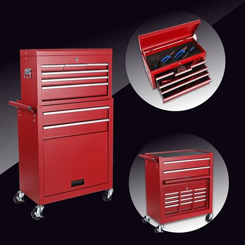 Tool Chest, 8-Drawer Rolling Tool Storage Cabinet with 2 in 1 Detachable Top Tool Box, Liner, Lockable Wheels, Side Hooks,Metal Tool Cart for Garage (8-Drawer Red) - color: 8-drawer Red