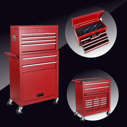 Tool Chest, 8-Drawer Rolling Tool Storage Cabinet with 2 in 1 Detachable Top Tool Box, Liner, Lockable Wheels, Side Hooks,Metal Tool Cart for Garage (8-Drawer Red) - color: 8-drawer Red