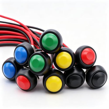 Twidec/10Pcs 12mm Momentary Push Button Switch 1/2" Mounting Hole On Off Mini Round Waterproof 5 Color with Pre-soldered Wires PBS-33B-5C-X-2 - color: multicoloured-12mm, size: Momentary