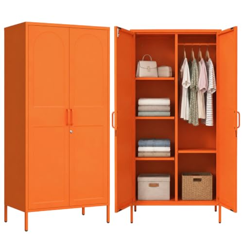 Orange Lockable Armoire Wardrobe Closet Storage Cabinet with Hanging Rod, 67" Metal Wardrobe Cabinet with 2 Doors and 3 Adjustable Shelves for Bedroom, Laundry Room, Cloak Room, Gym, Office - color: Sunlight, style: Wardrobe-67"H-YX