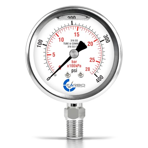 400 PSI Liquid Filled Pressure Gauge, 2.5" Dial, 1/4 NPT Lower Mount, 316 SS Case, 316 SS Wetted Parts, Dual Scale PSI/Bar - ASME B40.1 Grade A - size: 0-400 PSI, style: STANDARD